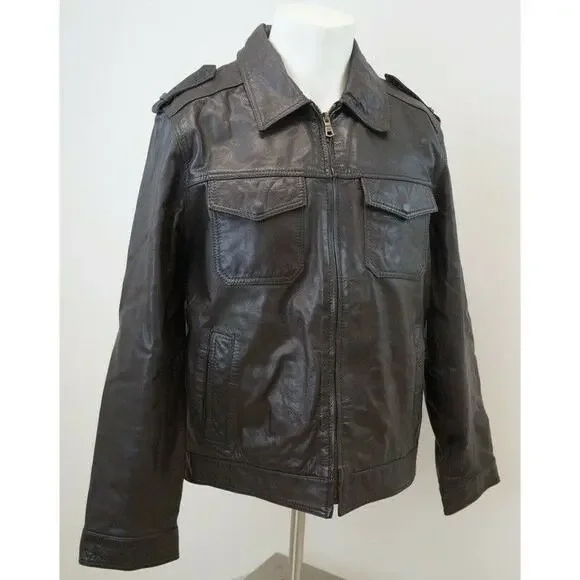 Vintage Brown Leather Jacket Aviator Bomber with lining Size L Military & Field